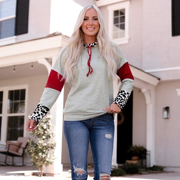 Sweaters - Leopard Color Block Drawstring Detail Sweatshirt